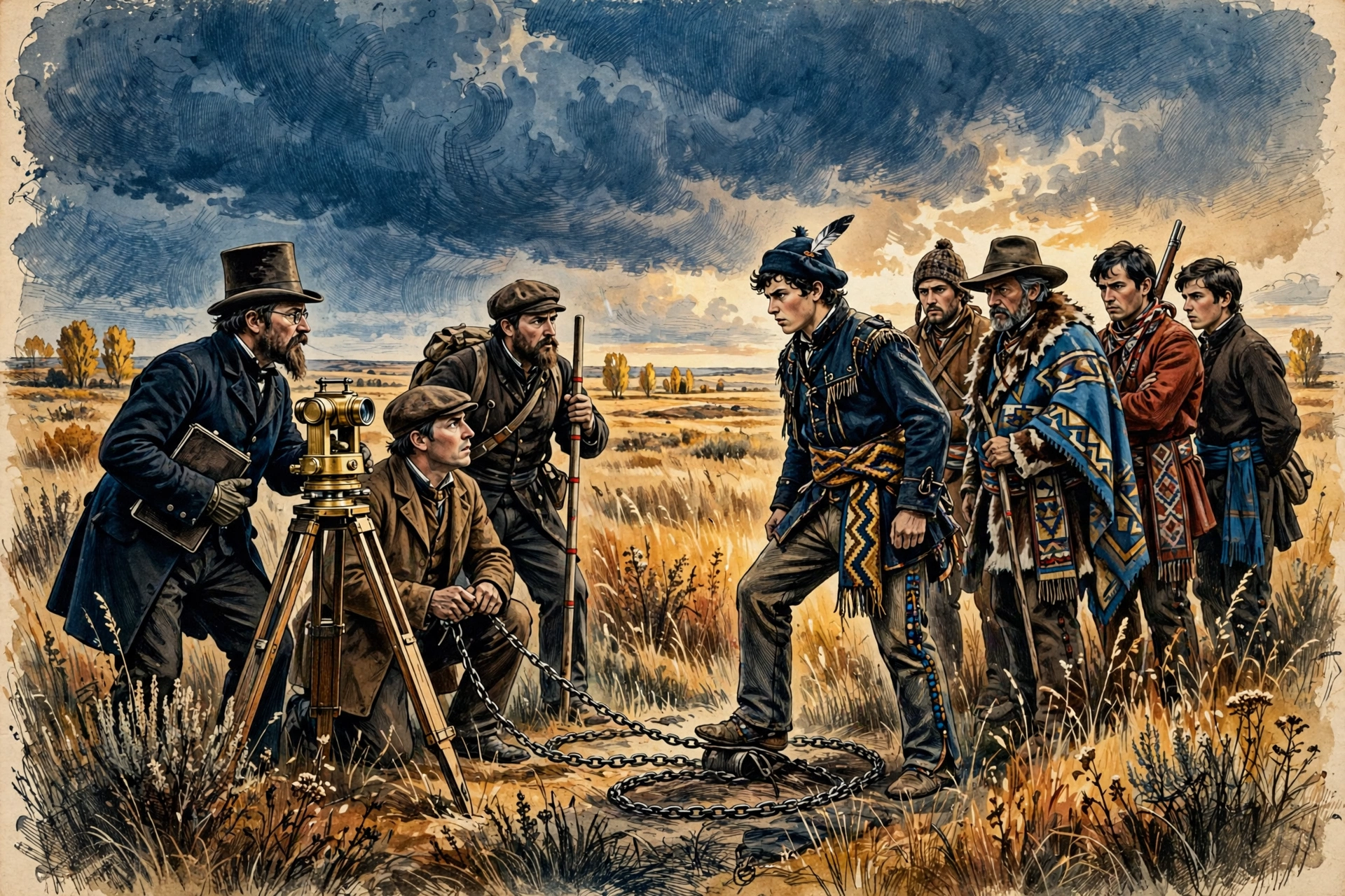 Illustration of Métis men confronting a Canadian survey party on the prairie, one man standing with his foot on the survey chain