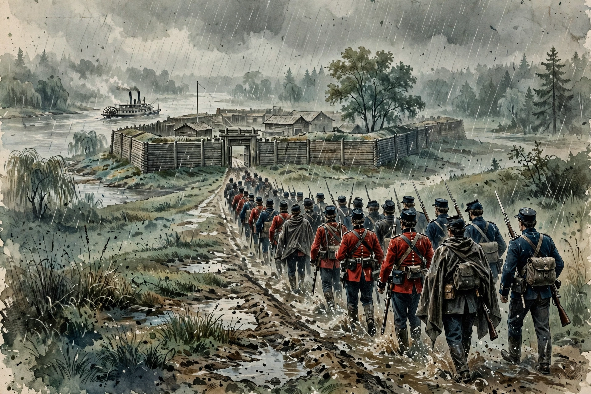 Illustration of expedition troops marching in heavy rain toward the empty gates of Fort Garry in August 1870